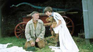 Older man kneeling on grass beside a boy in a white coat with a brown, shaggy dog near a red wagon.